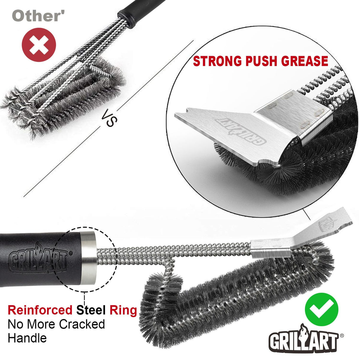 GRILLART Grill Brush and Scraper BBQ Brush for Grill, Safe 18" Stainless Steel Woven Wire 3 in 1 Bristles Grill Cleaning Brush, BR-4516 GRILLART