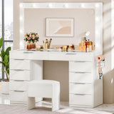 DWVO 46'' Glass Top Makeup Vanity with 10 Drawers, Vanity Desk Set with Large LED Mirror, Built-in Charging Station & Cushioned Storage Chair, Dressing Table with 3-Color Light Modes, Cream White DWVO