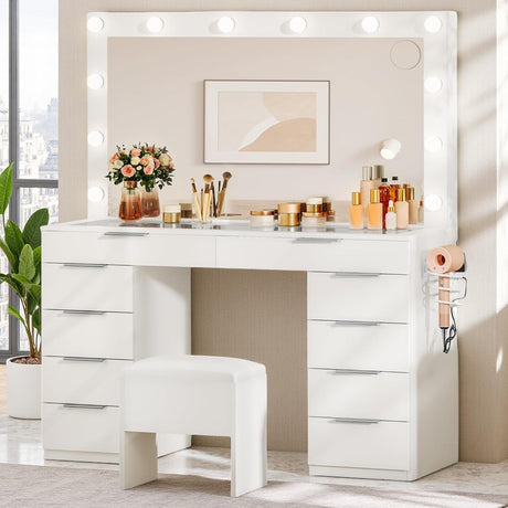 DWVO 46'' Glass Top Makeup Vanity with 10 Drawers, Vanity Desk Set with Large LED Mirror, Built-in Charging Station & Cushioned Storage Chair, Dressing Table with 3-Color Light Modes, Cream White DWVO