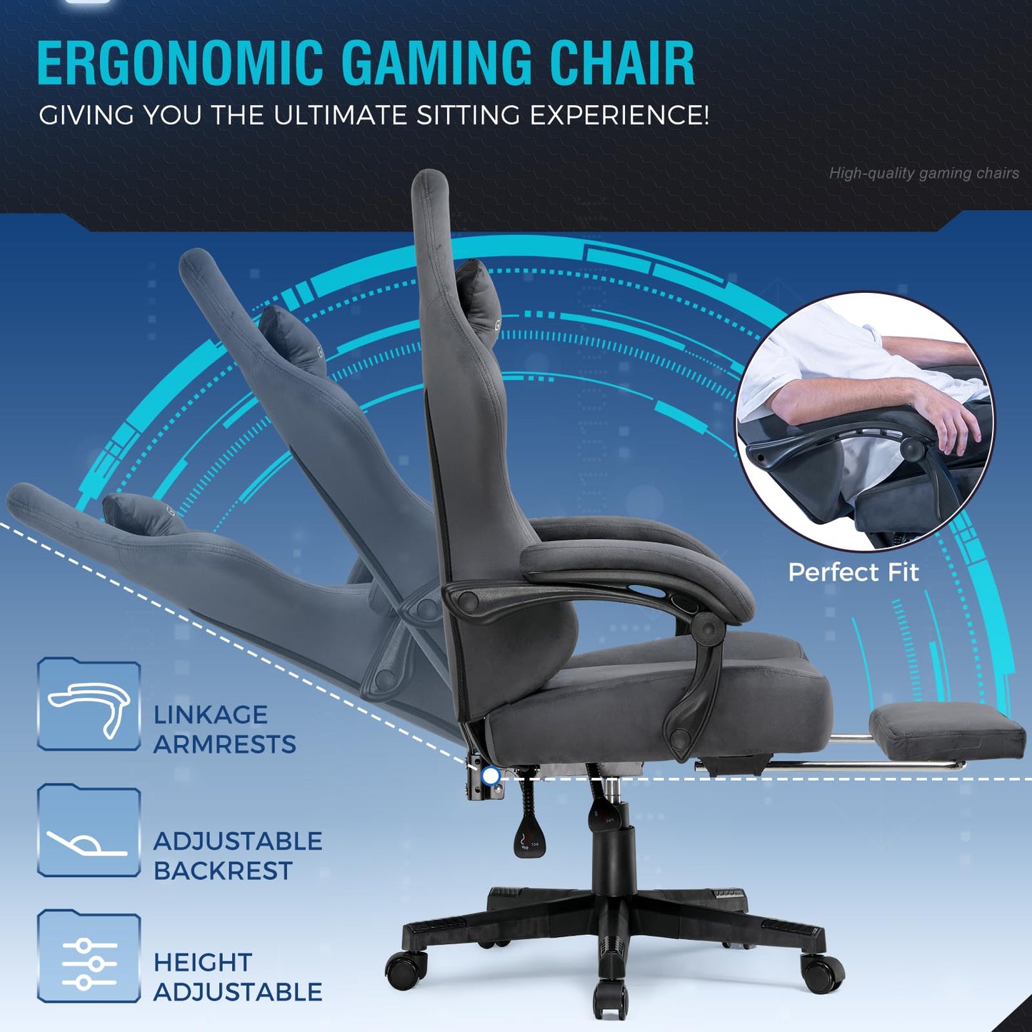 GTPLAYER Gaming Chair Fabric with Pocket Spring Cushion, Big and Tall Gaming Chair 350LBS High Back Computer Chair with Footrest for Adults Lumbar Support Swivel Game Chair for Office Gaming Gray