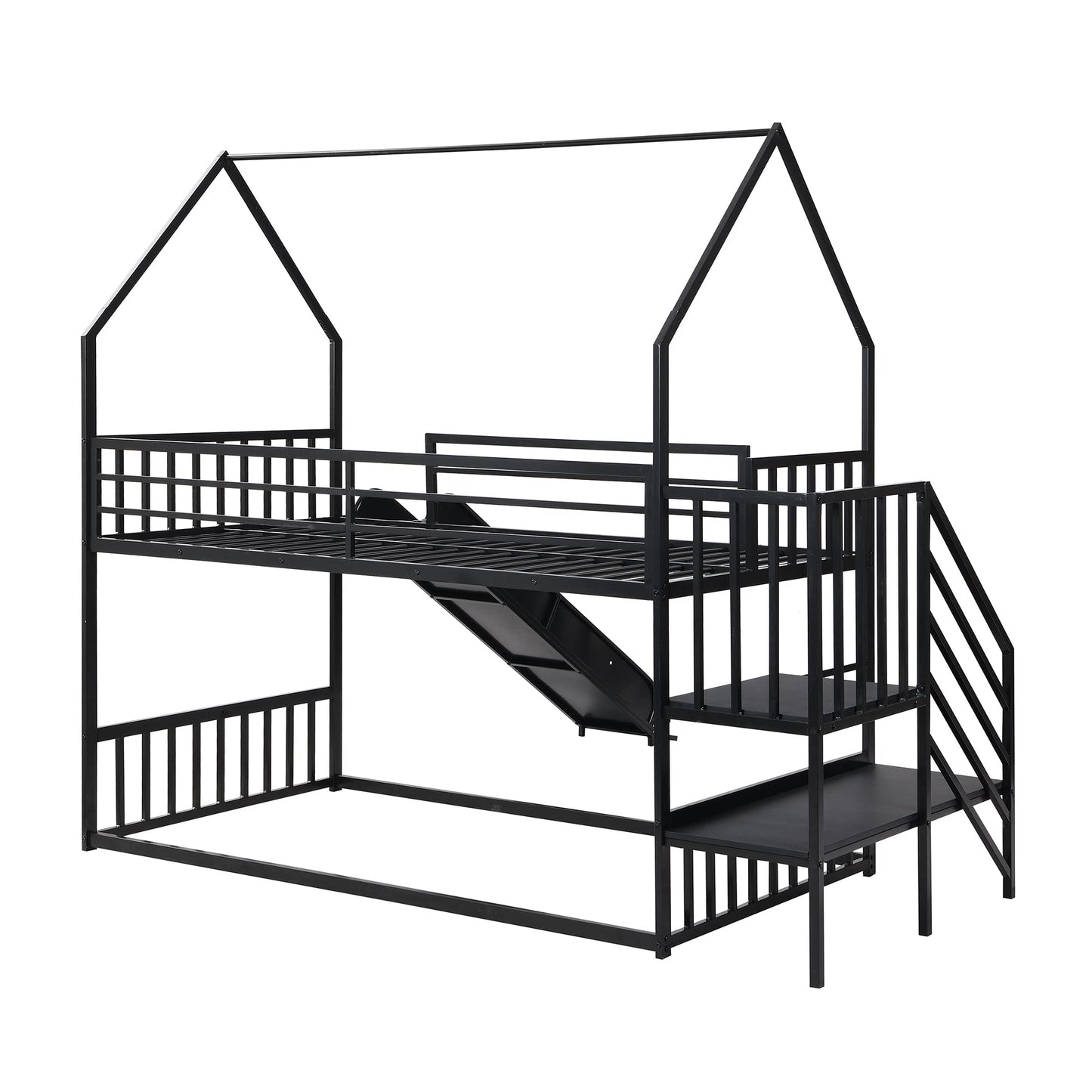 Harper & Bright Designs Twin over Twin Metal Bunk Bed with Slide and Stairs, Low Bunk House Bed for Kids, Floor Bunk Bed, Modern Style Heavy-Duty Steel Frame (Black)