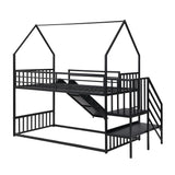 Favfurish Twin Over Twin-Size Metal Bunk Bed House-Shape-Bed with Slide and Staircase,No Box Spring Needed, Easy to Install, for Kids, Girls, Boys,Black Favfurish