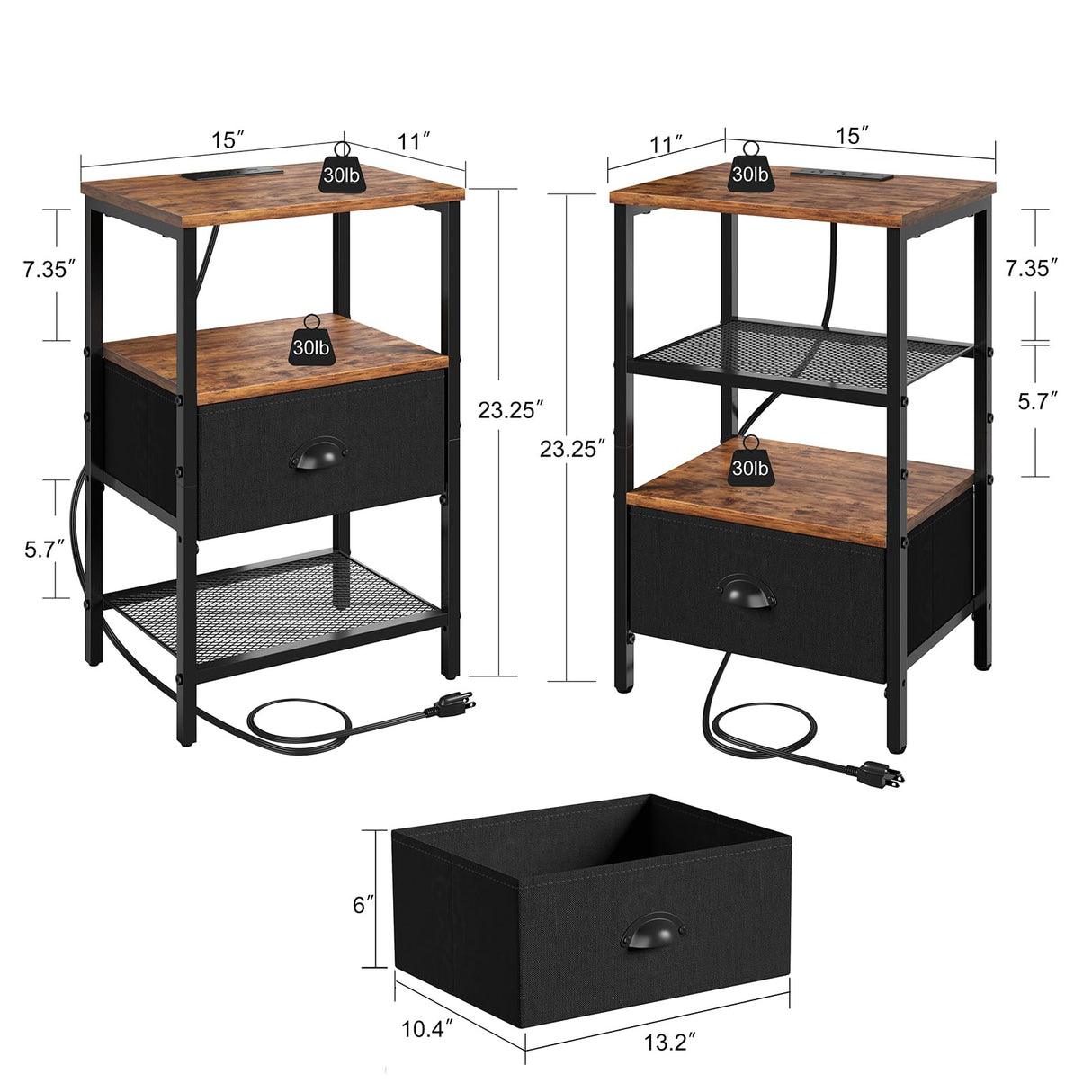 Sthmec Nightstands with Charging Station, LED Bedside Tables with Charging Station and Fabric Drawer, Night Stand with Storage, 3 Tier Side Table with Open Shelf,Nightstand Bedside Table,Rustic Brown WoodArtSupply