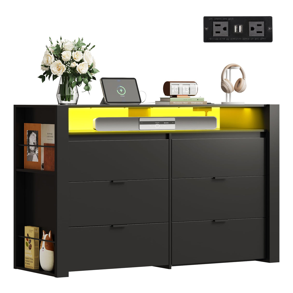 WLIVE 6 Drawer Led Dresser for Bedroom, 50.79'' Black Wood Dresser Storage Organizer with Power Outlets for 55'' TV, Dressers with Open Shelves, Hanging Rack, Chest of Drawers for Closet, Living Room WLIVE