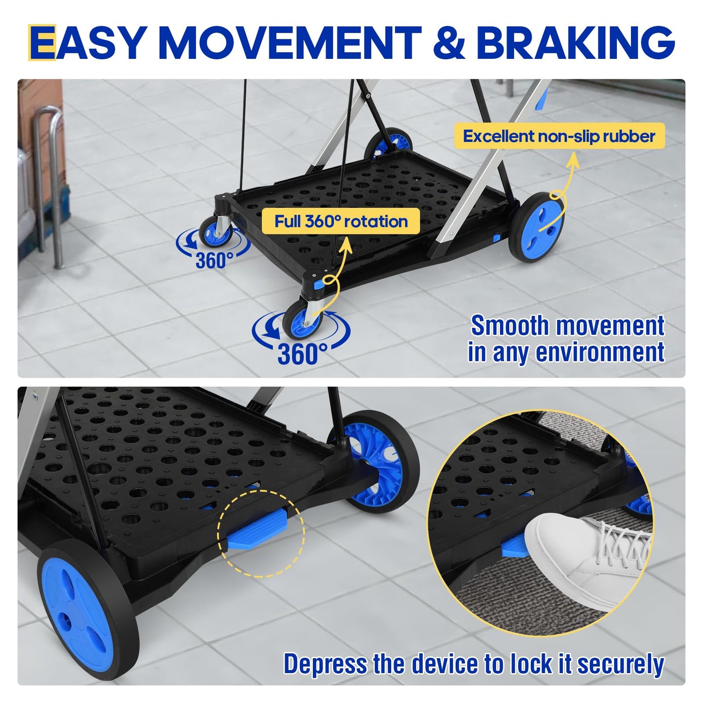 Multifunctional Folding Cart with Wheels,Two Layers Collapsible Utility Cart for Groceries,Office,Warehouse,Supermarket, Double Layer Foldable Shopping Cart(Blue),Collapsible Handcart Heavy Duty