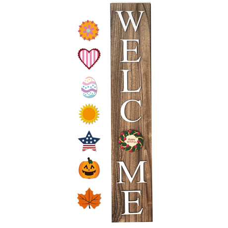 ALBEN Welcome Sign for Front Door Porch with Ornamental Tiles - 8 Interchangeable Seasonal Tiles, Celebrate Holidays and Seasons, Vertical Wooden Outdoor and Indoor Welcome Home Decor Sign (Brown) ALBEN