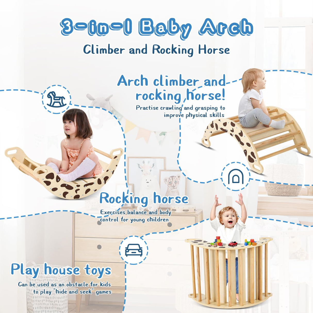 Pikler Triangle Set Natural Pikler Climbing Set, Montessori Foldable Climber with Tripods, Ramps, Arches, Climbing Jungle Gym and Indoor Playground Climbing Toys for Toddlers 1-3 Inside Dollate