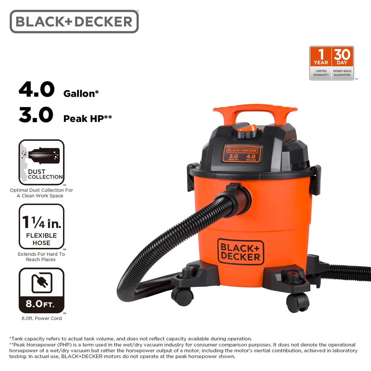 BLACK+DECKER Shop Vacuum Wet and Dry, 4 Gallon 3.0 Peak HP, 3-in-1 Portable Shop Vac with Accessories, Home and Car Vacuum Cleaner(BDXV18301P-4A) BLACK+DECKER