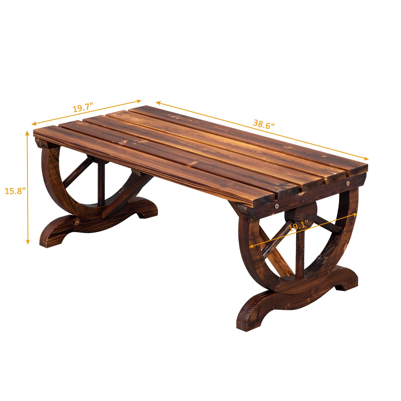 Outvita Rustic Wagon Wheel Wooden Garden Bench for Outdoor Seating, Carbonized Finish – Seats 2 in Brown - WoodArtSupply