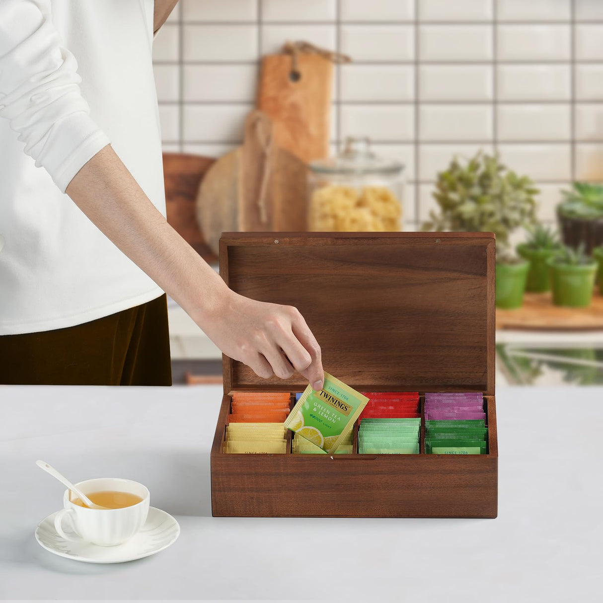 Acacia Wood Tea Bag Organizer, 8 Compartments Tea Box Organizer Storage Box, Tea Box for Tea Bags Chest, Tea Bag Holder with Magnetic Lid for Beverage Supplies, Sugar, Sweeteners, Individual Packets VOSEPO