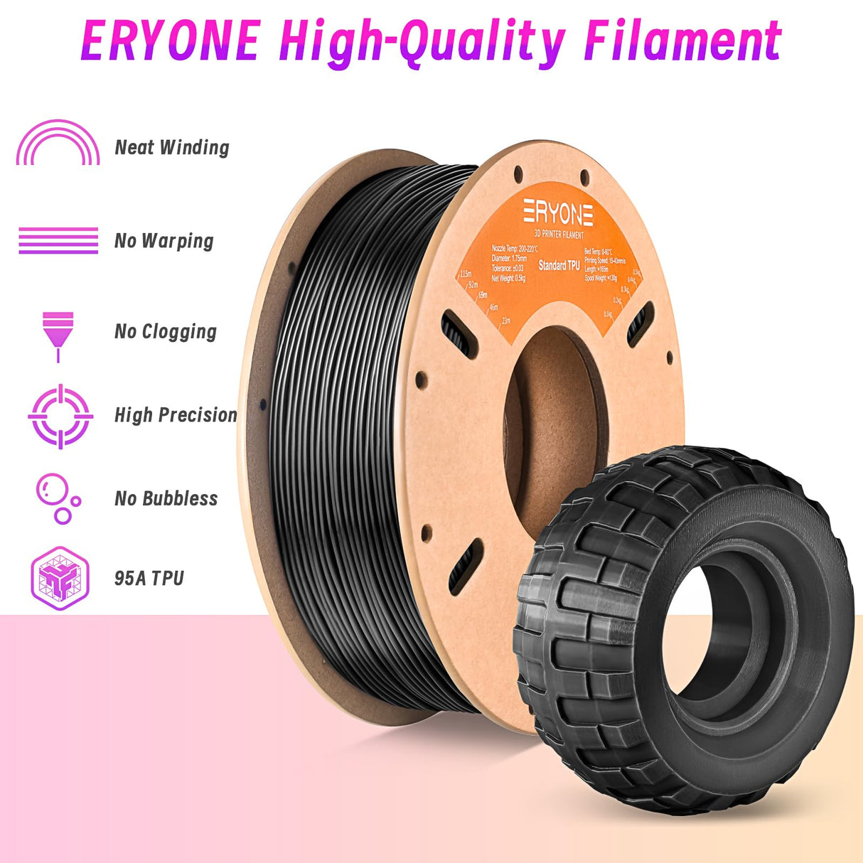 ERYONE TPU Filament 1.75mm +/-0.03mm Flexible TPU Roll, 95A Soft 3D Printer Filament 0.5kg Spool(1.1 lbs), Black ERYONE