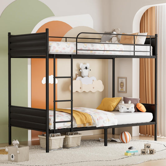 Whalefall Metal Bunk Bed Twin Over Twin, Convertible Into 2 Individual Twin Bunk Beds for Kids Adults, Twin Size Bed with Removable Ladder & Upholstered Headboard, Space-Saving, Easy Assembly(Black)