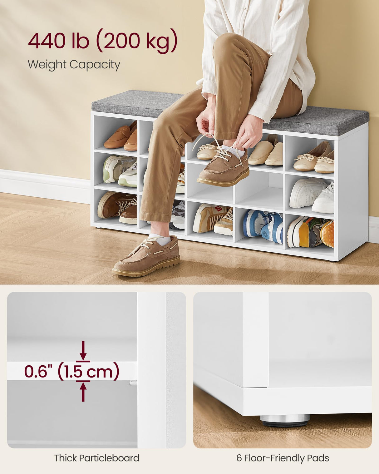 VASAGLE CUSTOS Collection - Shoe Bench, Storage Bench with Padded Seat, Entryway Bench with 15 Compartments, for Bedroom, 11.8 x 41.3 x 18.9 Inches, Cloud White and Dove Gray ULHS15WT VASAGLE