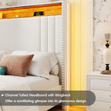 Fameill King Size LED Bed Frame with 51.6" Tall Headboard, Upholstered Platform Bed with Charging Station & Storage, No Box Spring Needed, Easy Assembly, Sturdy and Noise-Free, Beige Fameill