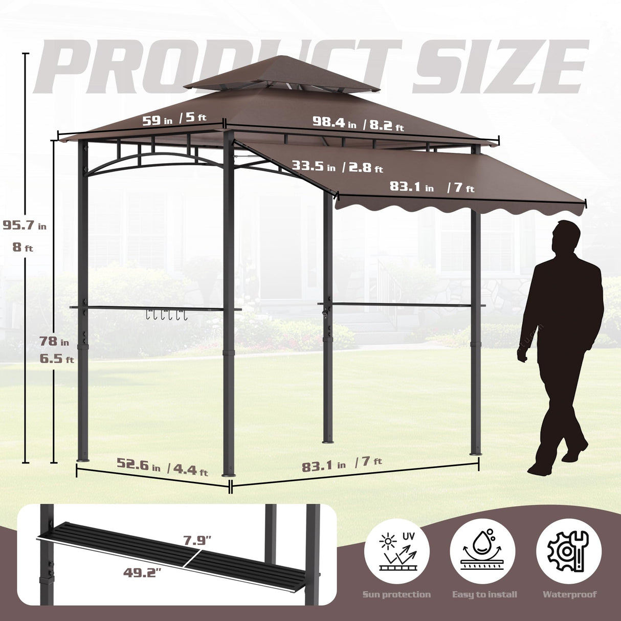 Decomax 8'X8' Grill Gazebo Canopy - Heavy Duty Steel Frame, Double Tiered Grill Canopy for Outdoor Grill W/Shelves, Ceiling Hooks and Ground Stakes, Outdoor Patio Canopy Tent BBQ Gazebo for Backyard Decomax