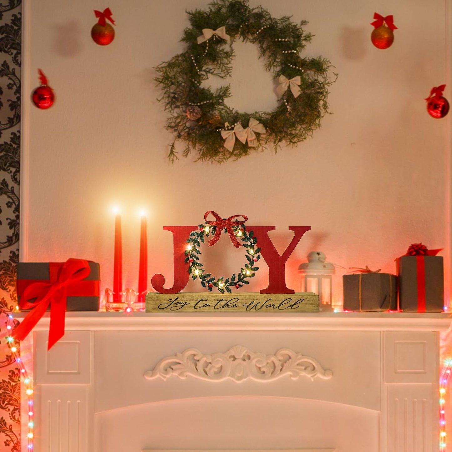 Christmas Decorations for Home LED Lighted Joy Sign with Wreath Farmhouse Wooden Rustic Tabletop Decorative Sign Xmas Holiday Home Decor Indoor Room