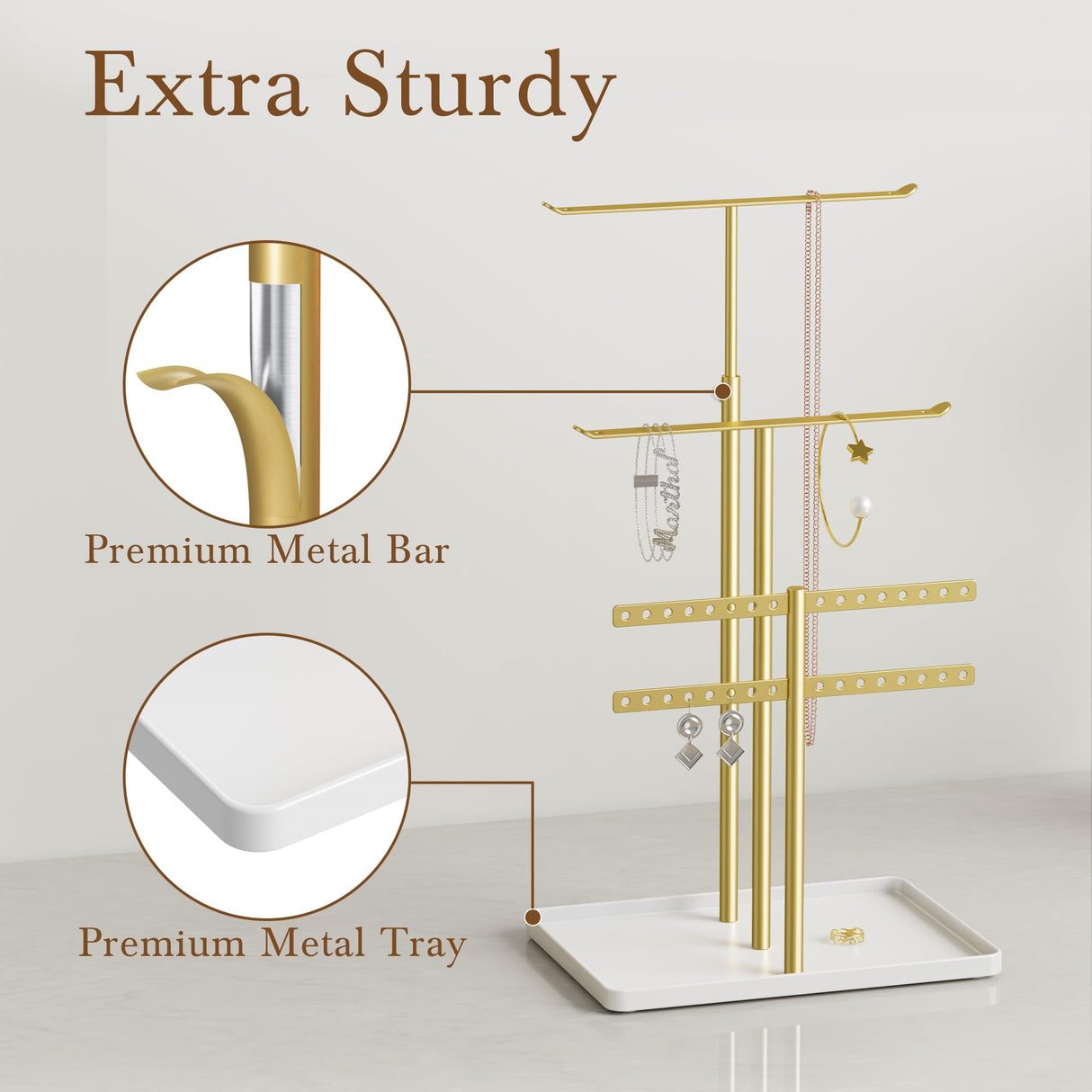 susswiff Jewelry Holder Organizer Stand - Adjustable Jewelry Tree 17.5" Height (Max), Jewlery Hanger for Necklaces, Bracelets, Earrings, Aesthetic for Storage and Display, Metal, Gold and White susswiff