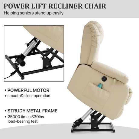KIMOHOME Dual Motor Large Power Lift Recliner Chair Recliners for Elderly, Infinite Position Recliner Chair with Heat and Massage, Breathable Leather(Beige) KIMOHOME