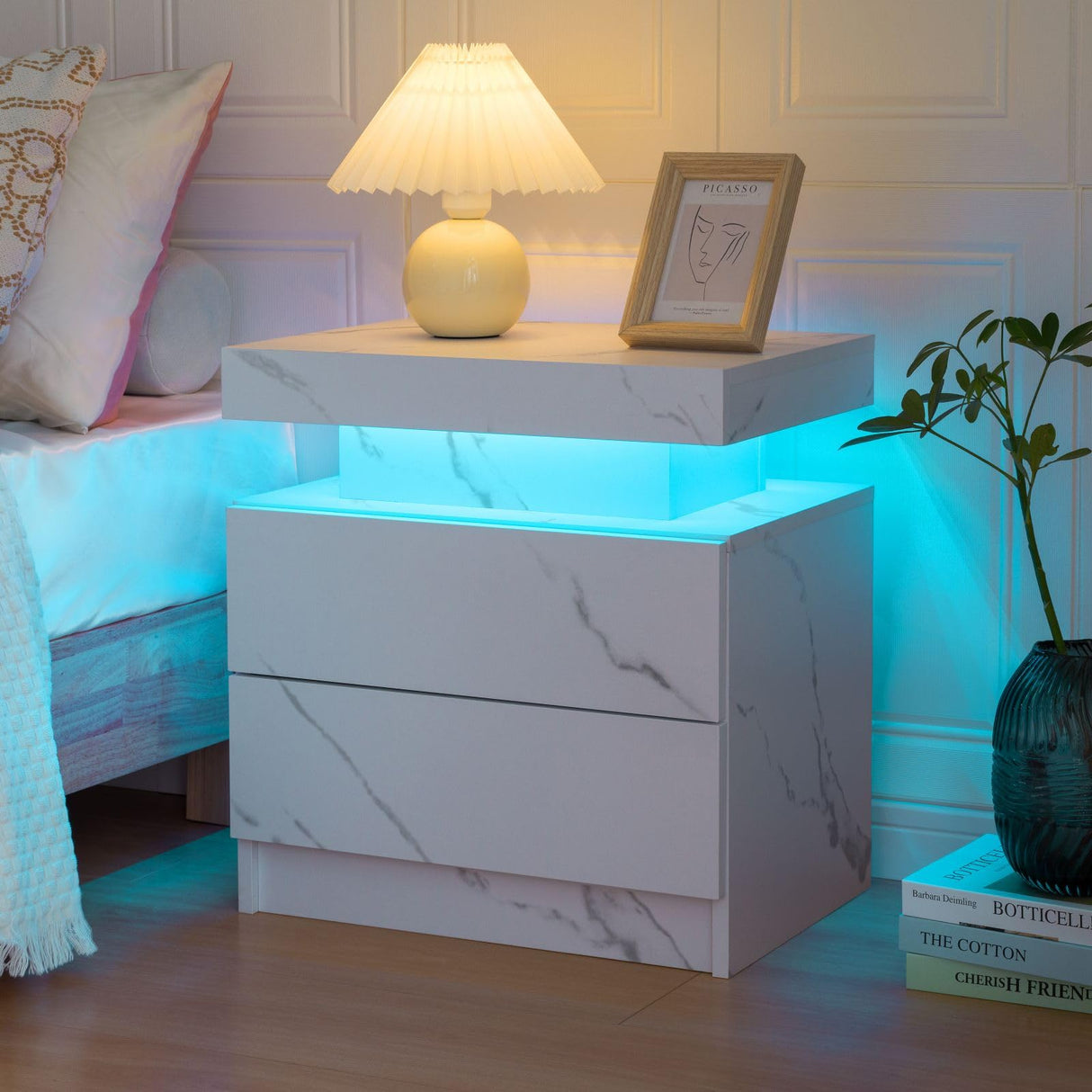 Bingoday Bedside Table with 2 Drawers, LED Nightstand Wooden Cabinet Unit with LED Lights for Bedroom, End Table Side Table for Bedroom Living Room Bingoday