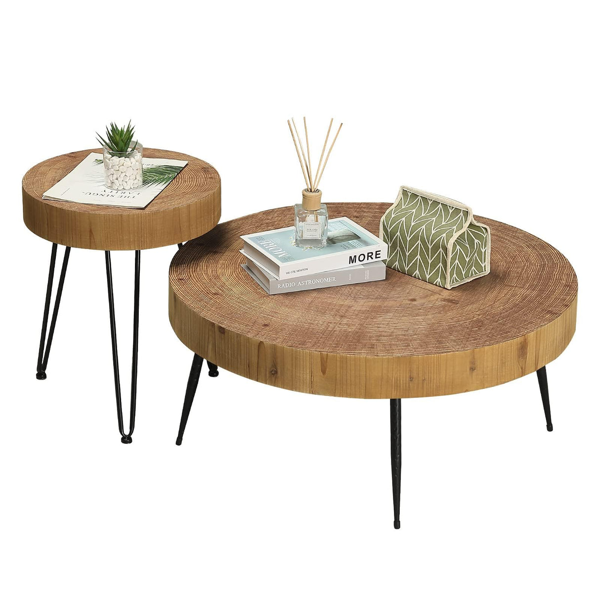 RUSTOWN Farmhouse Round Coffee Table Set of 2, Cocktail Table Set, Modern Circle Natural Wood Finsh Side and End Table Sets for Living Room(Planar, Natural) RUSTOWN
