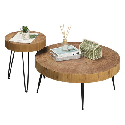 RUSTOWN Farmhouse Round Coffee Table Set of 2, Cocktail Table Set, Modern Circle Natural Wood Finsh Side and End Table Sets for Living Room(Planar, Natural)