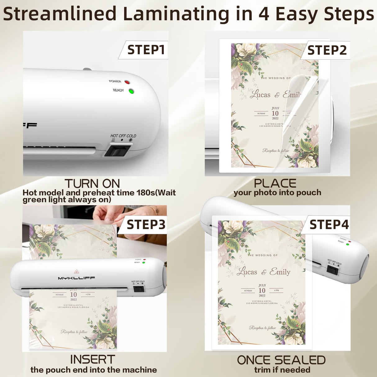 Laminator Machine 9-Inch Portable Thermal Laminater with Hot & Cold Modes, A4 Small Laminating Machine with ABS Jam-Release, 3-Min Warm-Up, 6-in-1 Photo Laminator Kit for Home Office and Class, White MYKLLIFF