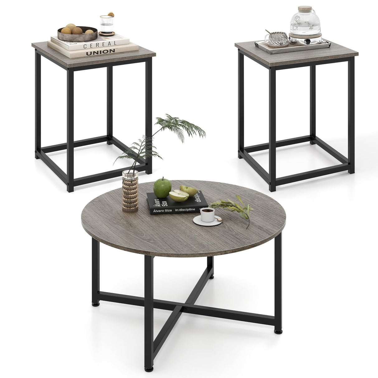 Giantex Round Nesting Table Set of 3, Farmhouse Coffee Table w/2 End Tables, Sturdy Metal Frame, 3-Piece Wooden Living Room Table Set for Home Office, Apartment (Black Oak) Giantex