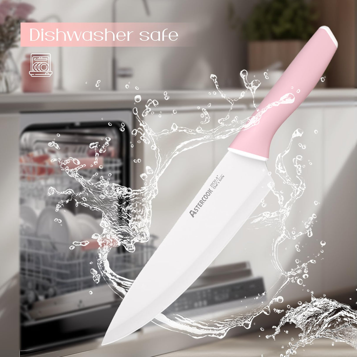 Astercook Knife Set, Kitchen Knives Set with Block and Sharpener Ceramic Coating 15 Pcs German Stainless Steel Knives Sharp Blade Dishwasher Safe Knife Block Set with Ergonomic Handle, Crystal Pink Astercook