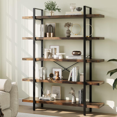 OtterOasis Heavy Duty 5-Tier Industrial Bookcase, 47" Wide Wood Bookshelf for Home Office, 120lbs Shelf Capacity, Rustic Open Shelving Display with Reinforced Horizontal Shelf for Living Room Bedroom OtterOasis