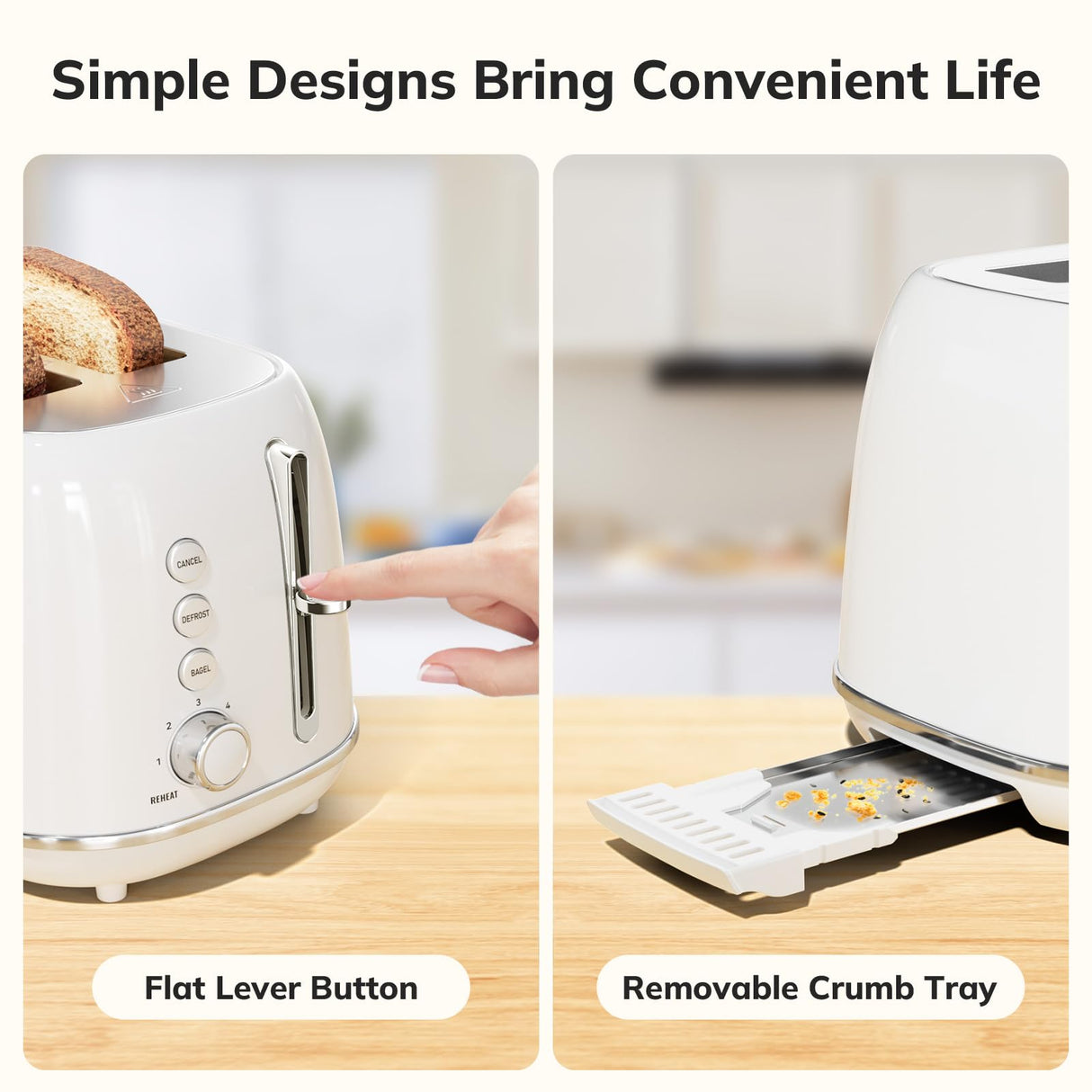 Keenstone Toaster 2 Slice, Retro Wide Slot Stainless Steel Toaster with 6 Browning Levels, Reheat & Defrost, for Bagel, Toast, Bread, Kitchen Essentials, Removable Crumb Tray, White Keenstone