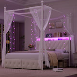 HIFIT Queen Size Upholstered LED Canopy Bed Frame with Storage and Charging Station, Button Tufted Storage Headboard with Bookshelf, Two-Use Metal Platform Bed with 4 Removable Post & 2 Drawers, Biege HIFIT