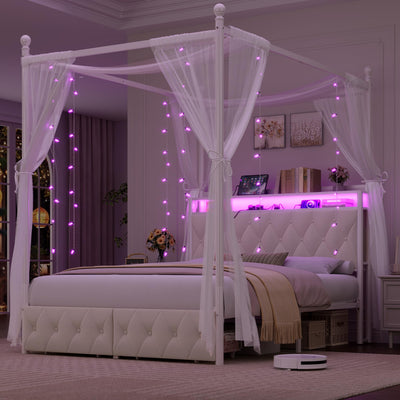 HIFIT Queen Size Upholstered LED Canopy Bed Frame with Storage and Charging Station, Button Tufted Storage Headboard with Bookshelf, Two-Use Metal Platform Bed with 4 Removable Post & 2 Drawers, Biege