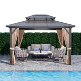 Petyee 10'x13' Gazebo, Hardtop Outdoor Polycarbonate Double Roof Canopy, Aluminum Frame Permanent Pavilion with Curtains and Netting, Sunshade for Garden, Patio, Lawns (10x13ft) Petyee