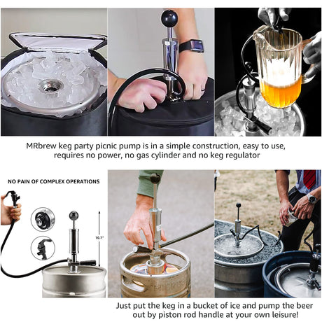 MRbrew Keg Party Pump, American D System Beer Keg Tap Keg Hand Pump 4'' Picnic Pump with Beer Faucet & Beer Hose, Chrome-Plated Keg Draft Beer Party Pump with 2 Hose Clamps Kegerator Pump for Homebrew MRbrew