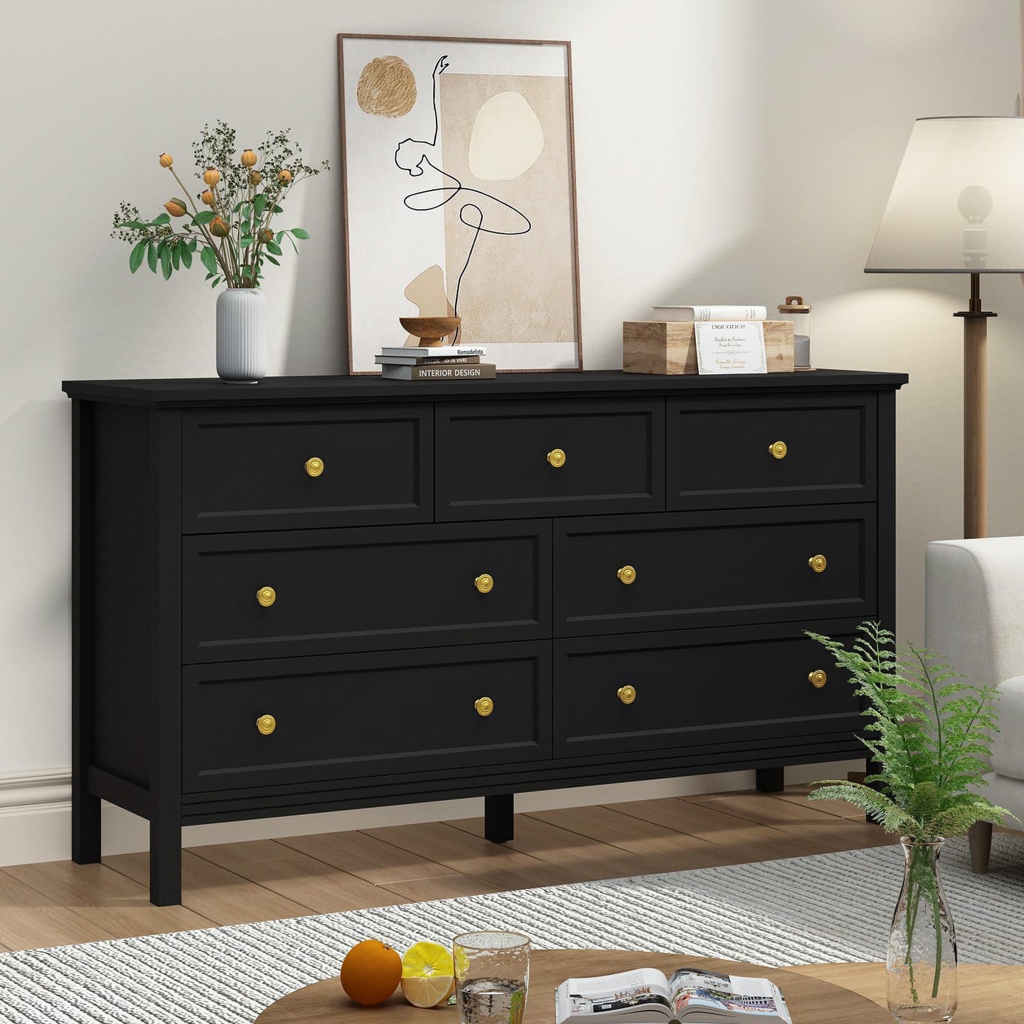 CARPETNAL Black Dresser for Bedroom, 7 Drawer Dresser with Wide Drawers and Gold Metal Handles, 55" Black and Gold Dresser TV Stand, Modern Dressers & Chests of Drawers for Hallyway, Entryway.