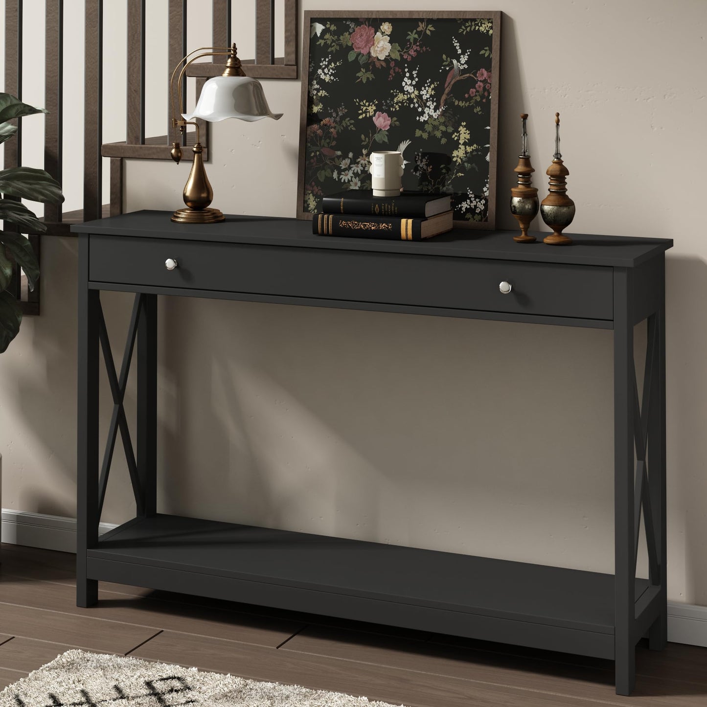 Treocho 47" Farmhouse Console Table with Drawer and Storage Shelves, Foyer Sofa Table Narrow for Entryway, Living Room, Hallway, Black