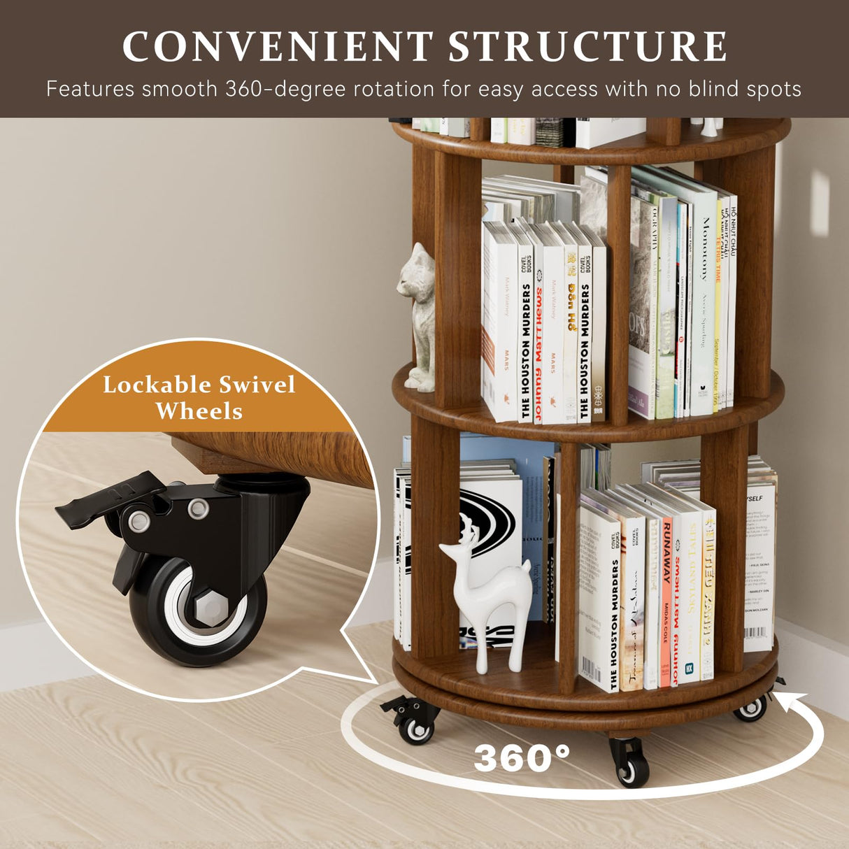 Azlafu Rotating Bookshelf Tower with Wheels, 6 Tier Walnut Wood Round Spinning Bookshelf Tower, 360° Revolving Bookcase Rolling for Kids Adult, Rotation Book Shelf for Bedroom, Living, Office, Corner Azlafu