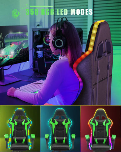 Gaming Chair with RGB LED Lights, Ergonomic Computer Chair for Adults with Headrest and Lumbar Support, Reclining Gamer Chairs with Racing Style, Swivel Seat, Backrest and Adjustable Height, Green