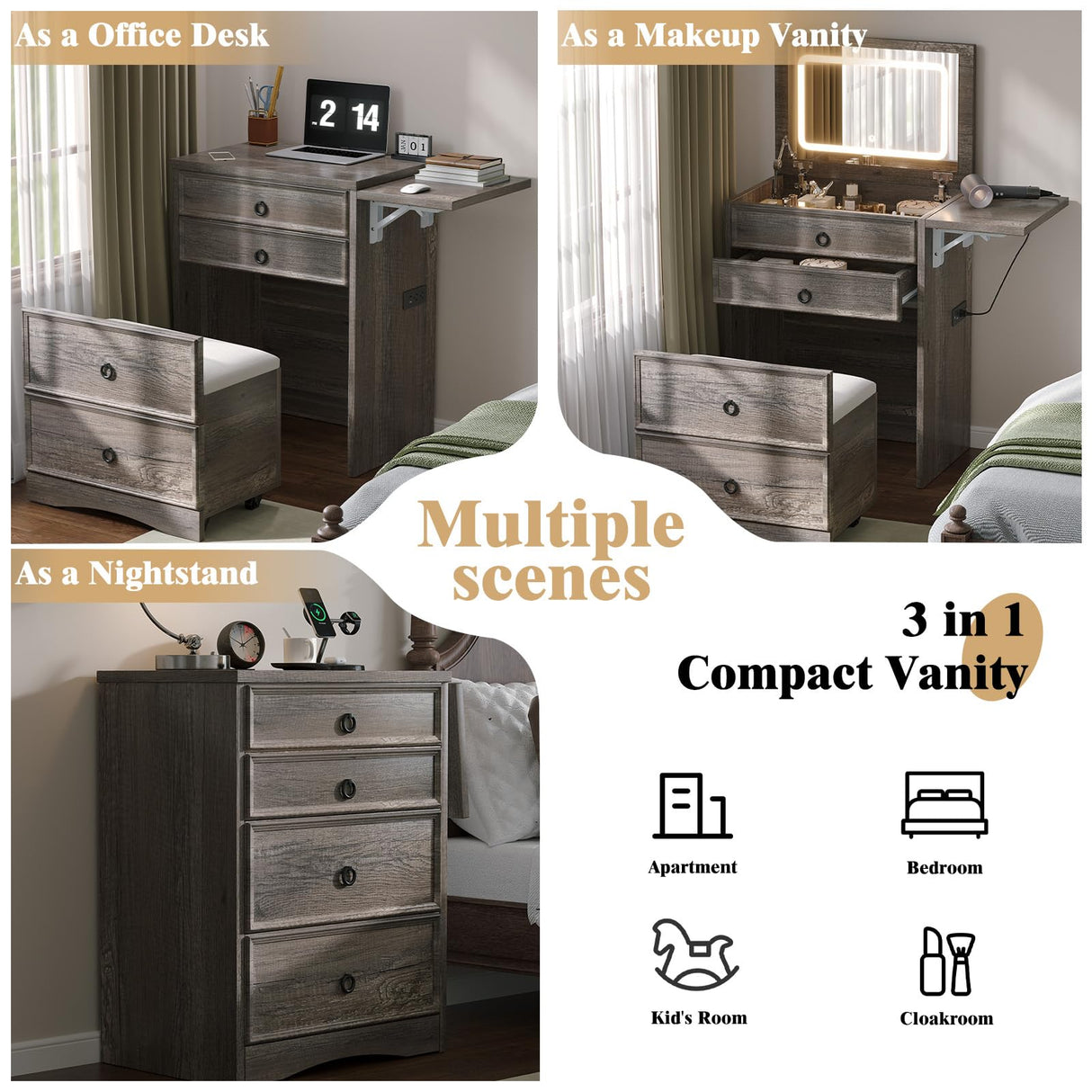 LUXOAK 3-in-1 Vanity Set with LED Lighted Flip Top Mirror, Makeup Table with Fold-Up Panel, Hidden Stool, Charging Station, Small Vanity for Bedroom & Dressing Room, Rustic Grey LUXOAK