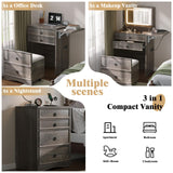 LUXOAK 3-in-1 Vanity Set with LED Lighted Flip Top Mirror, Makeup Table with Fold-Up Panel, Hidden Stool, Charging Station, Small Vanity for Bedroom & Dressing Room, Rustic Grey LUXOAK