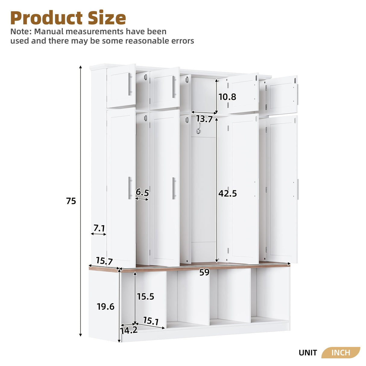 Merax Hall Tree with Entryway Bench and Shoe Cabinet, Multi-Functional Seating Bench with 4 Hanging Hooks and 8 Doors, White Merax