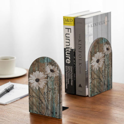 HOYYU Rustic Daisy Wooden Bookends Decorative Shabby Sunflower Book Ends for Shelves Heavy Books Holder Organizer Non-Slip Desk Book End for Kids Room Office School Kitchen Home Desktop Decor 1 Pairs