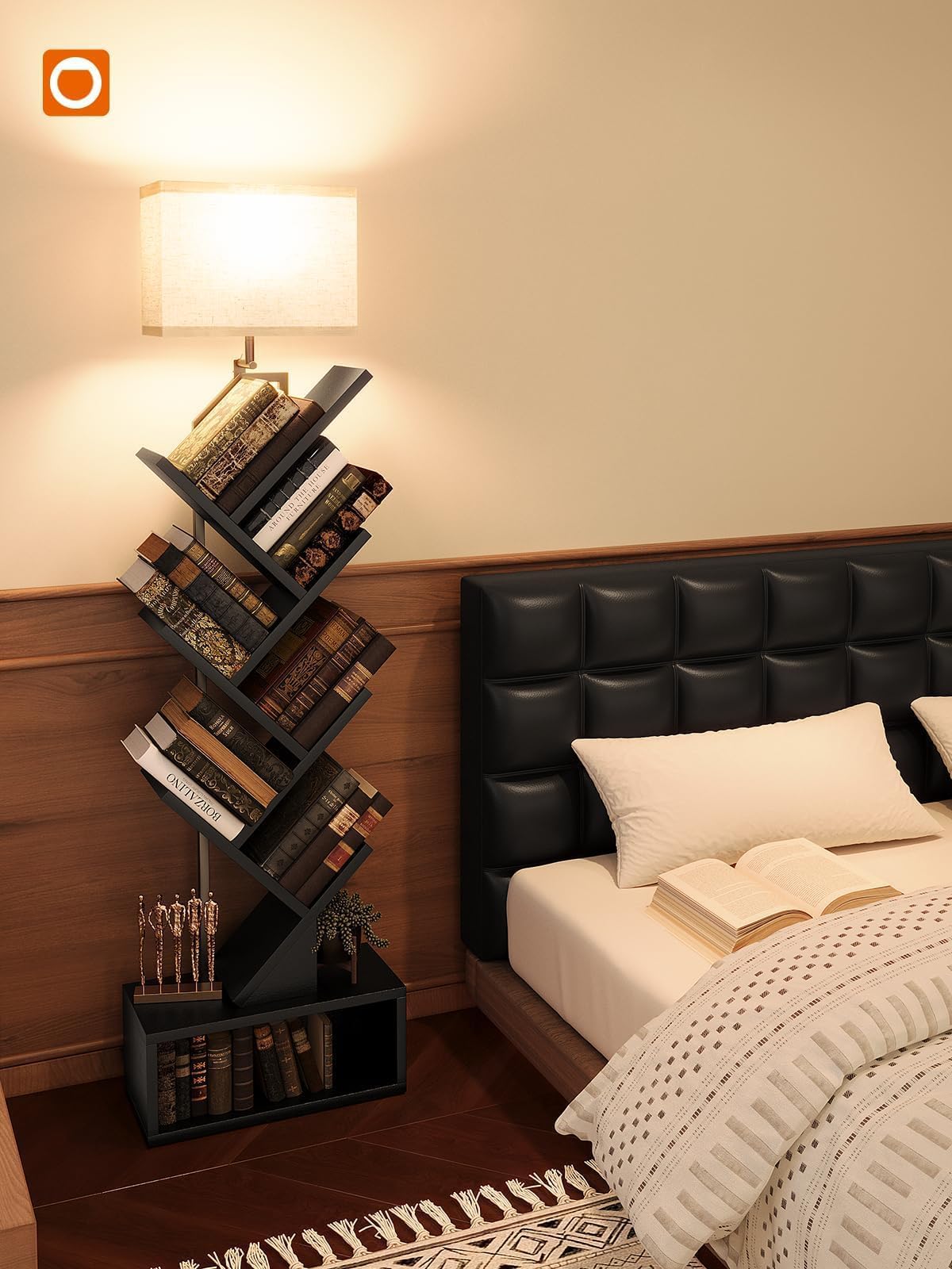 addlon 6-Tier Tree Book Shelf with LED Light, Steel&Wood Bookshelf with Storage Cabinet, Narrow Tall Bookcase with 3CCT Bulb, Small Bookshelf for Bedroom, Home Office&Living Room-Black Oak addlon