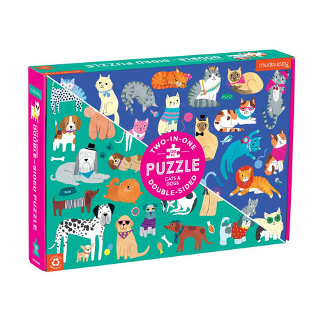 Mudpuppy Cats and Dogs Double-Sided Puzzle, 100 Pieces, 22”x16.5” – Perfect Family Puzzle for Ages 6+ - Colorful Illustrations of Dogs on One Side and Cats on the Other – Two Fun Puzzles in One Box Mudpuppy