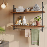 Bestier Pipe Shelf Industrial Floating Shelving 31" Kitchen Wall-Mounted Shelf with Towel Bar Hooks Coffee Bar Shelves Wine Hanging Display Rack Bookshelf Living Room Decor Bathroom-Rustic Brown Bestier
