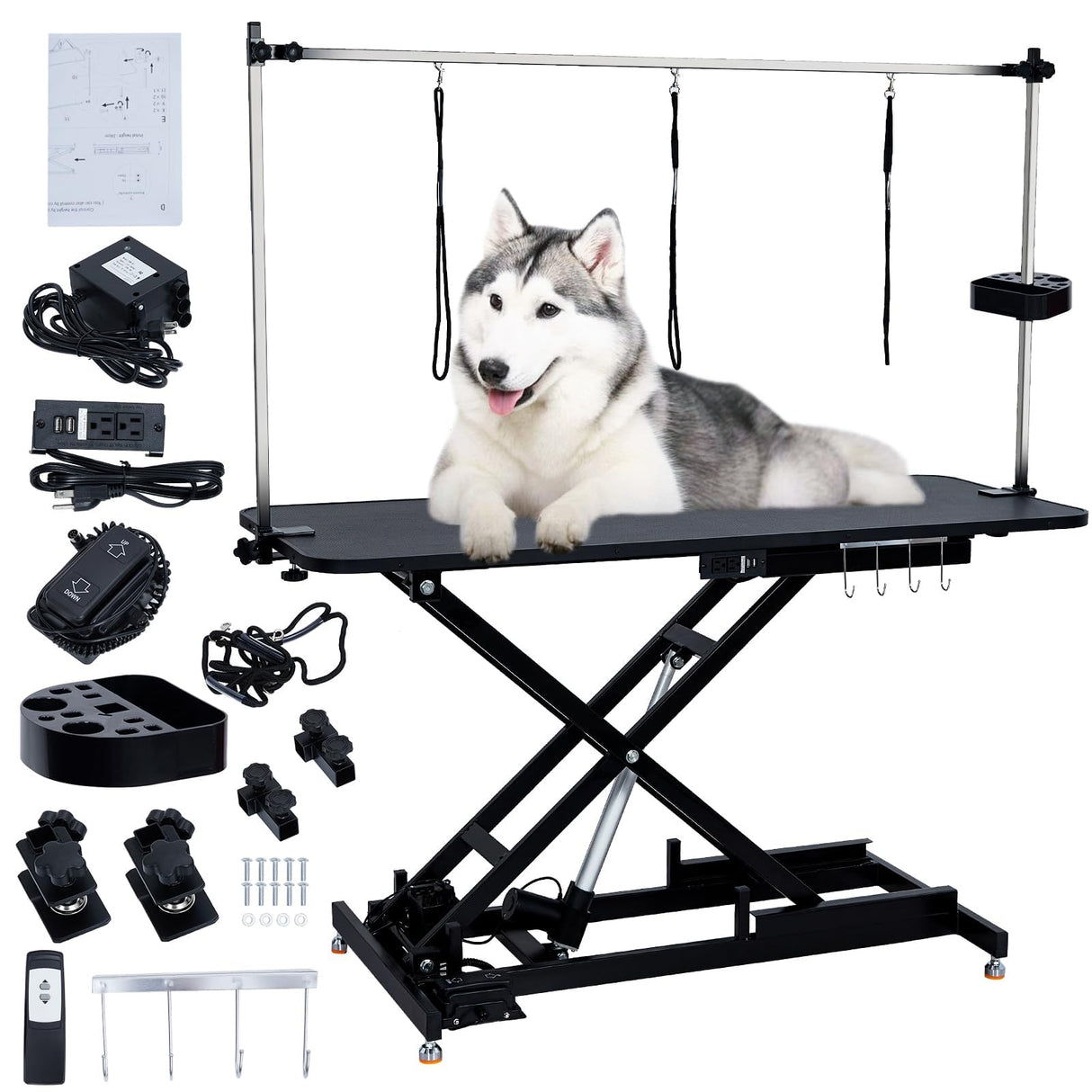 60" Electric Dog Grooming Table, Heavy Duty X-Lift Structural Hydraulic Max Load 350Lbs Professional Pet Grooming Table for Dogs & Cats with Adjustable Overhead Arm, Noose Height Range 9.4''-39.4'' MERXENG