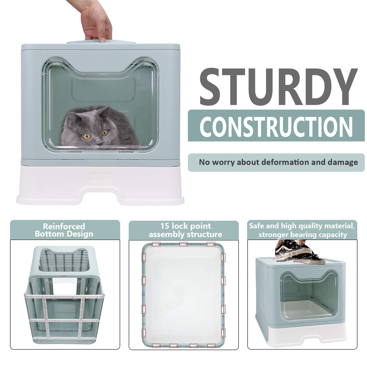 Foldable Cat Litter Box with Lid, Enclosed Potty, Large Top Entry Anti-Splashing Toilet, Easy to Clean Including Litter Scoop and 2-in-1 Cleaning Brush (Blue) fophop