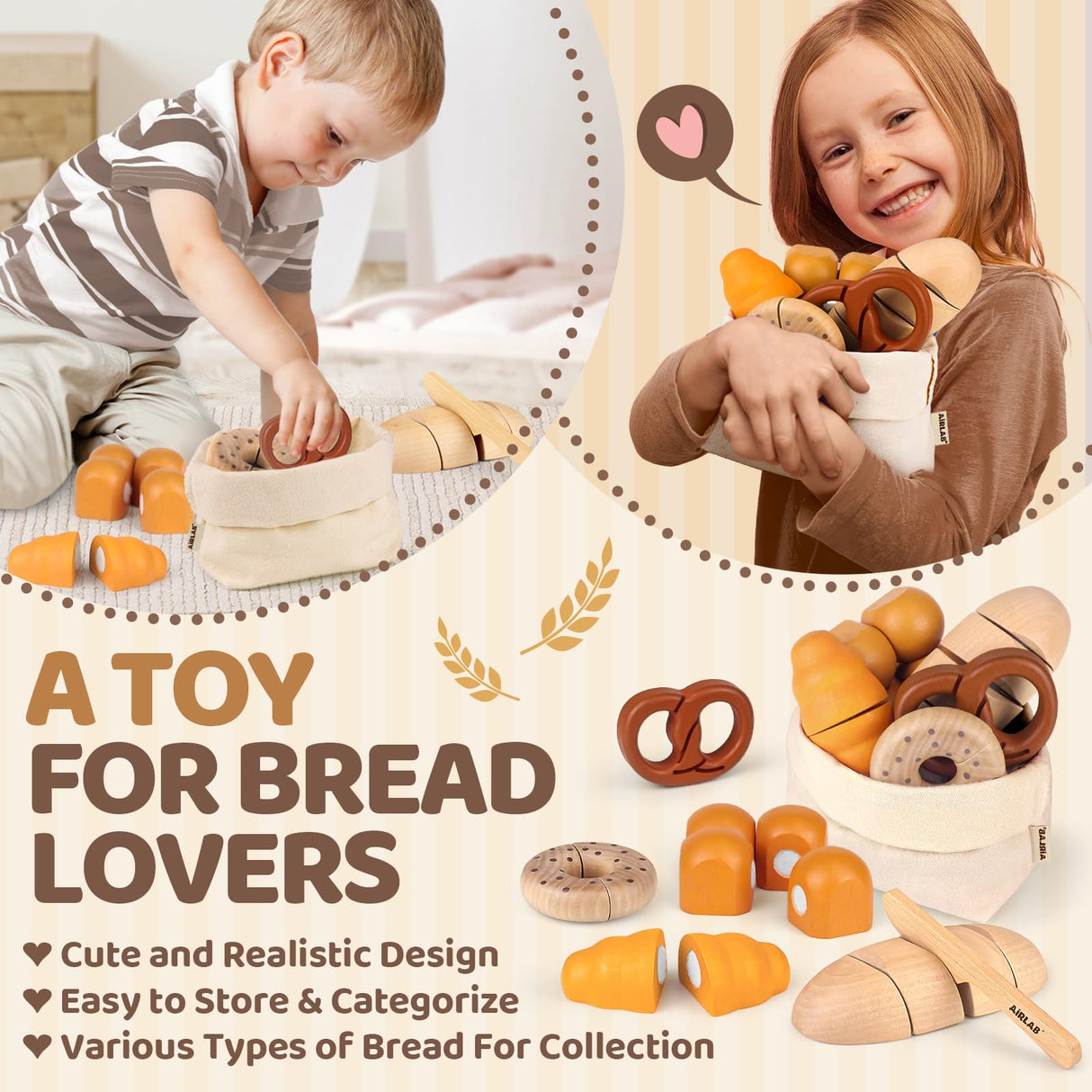 Wooden Play Food Bakery Toy Sets for Kids Kitchen Grocery Pretend Fake Food Accessories Playsets for Kids Ages 4-8 Birthday Gift for Boys Girls Educational Toys Airlab