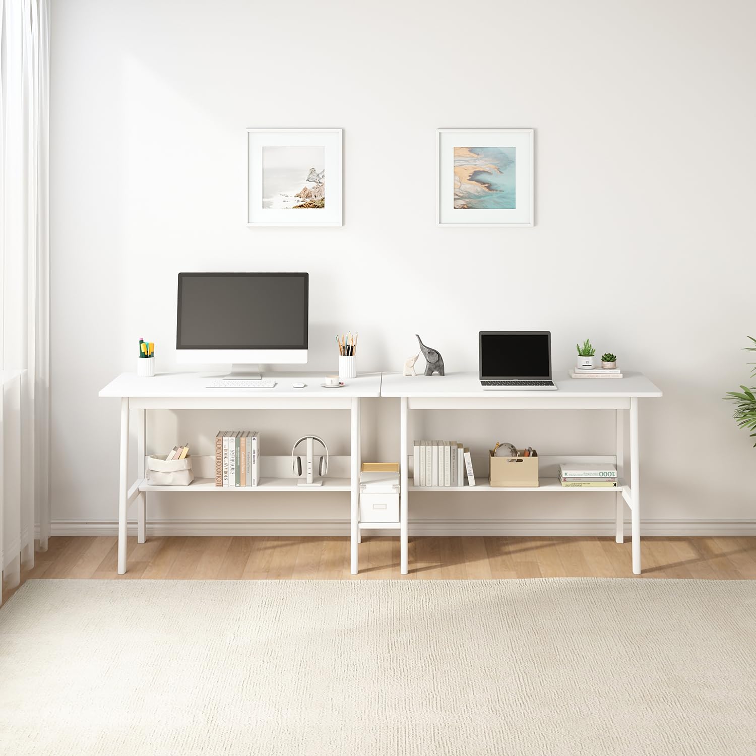 NELYE 94" Double Study Desk with Bookshelf - Spacious Wooden Workstation in White - WoodArtSupply