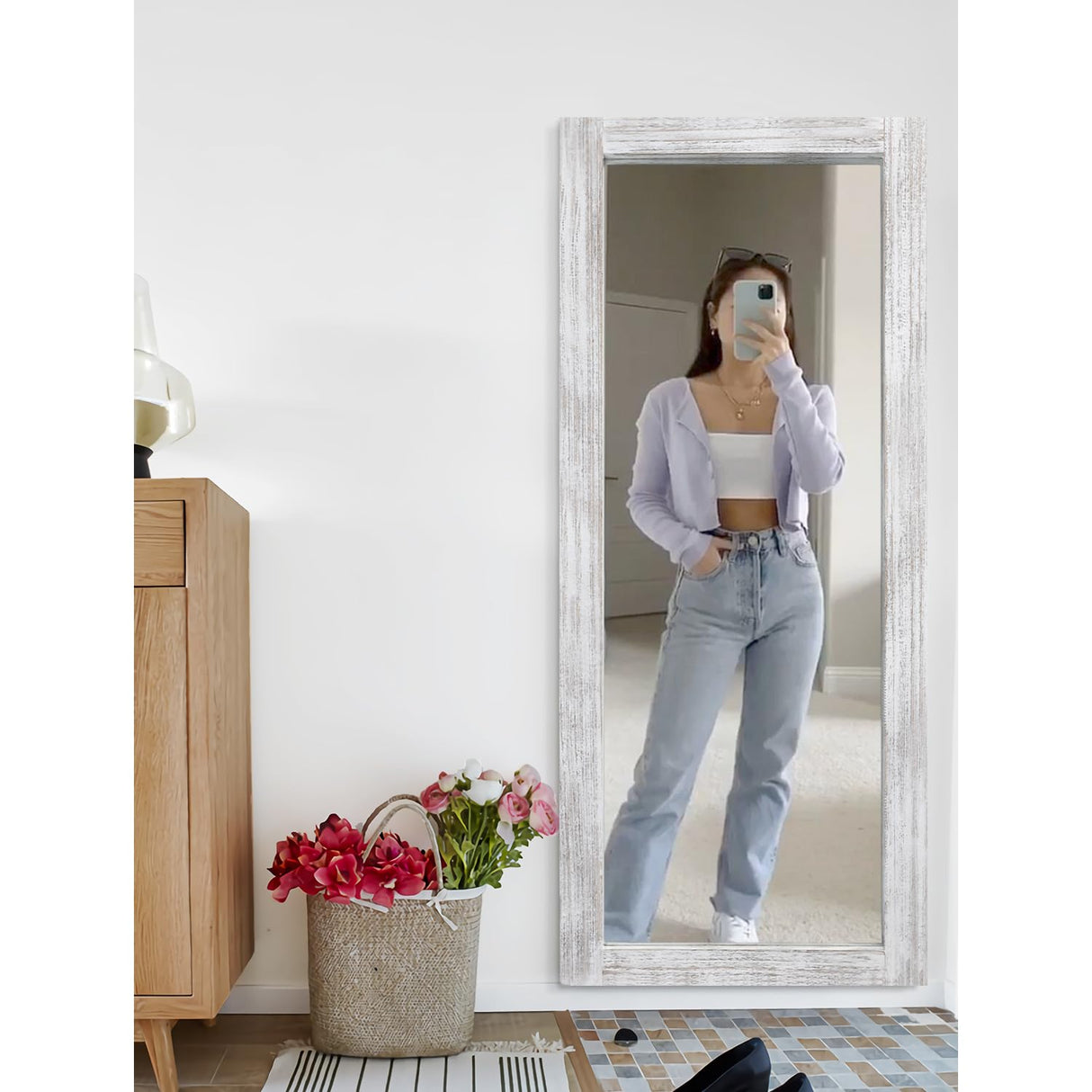 AAZZKANG Wall Mirror Full Length Rustic Wood Framed Floor Mirror 59"x24" Rectangle Large Full Body Mirror for Bedroom Living Room Entryway Dressing Room White AAZZKANG